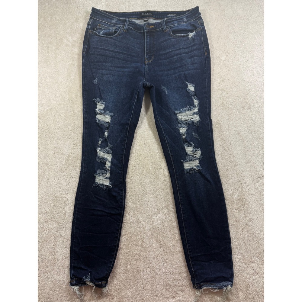 Judy Blue Womens Skinny Fit Distressed Dark Blue Denim Jeans 15/32 Meas: 33x28